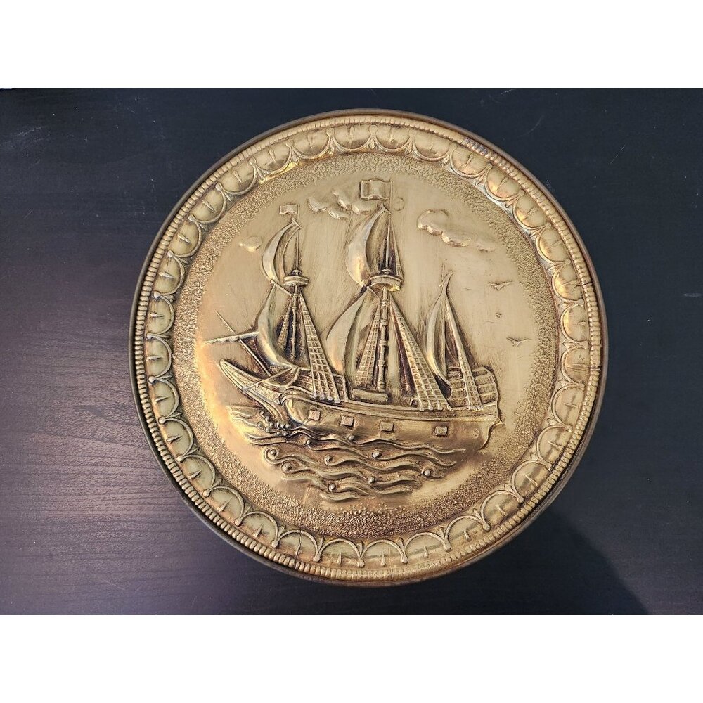 Vintage Round Sunshine Biscuits Lid Brass Wall Hanging Nautical Ship Mid Century